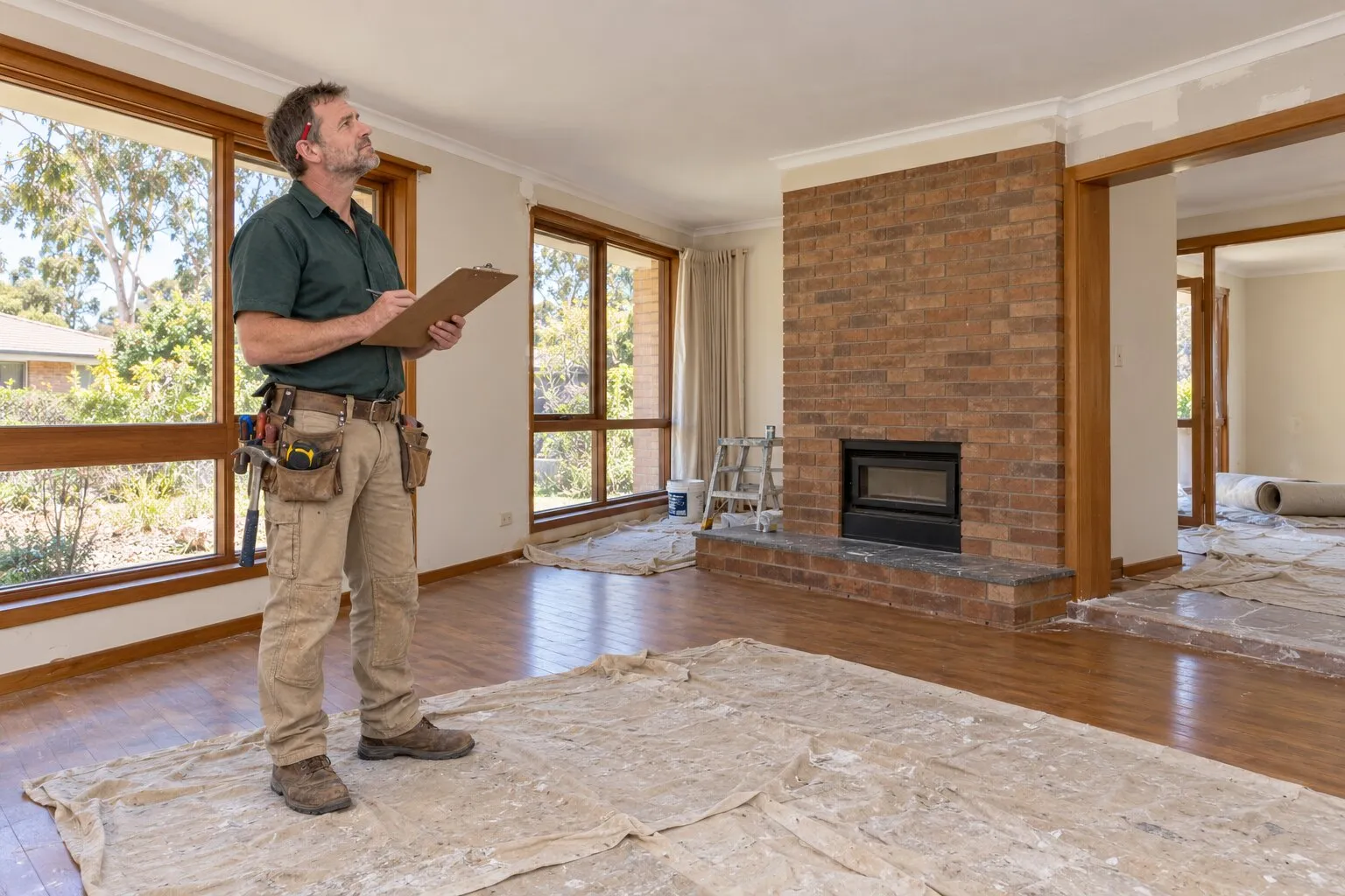 Older Canberra home: carpenter checking a report in the living room of a 1970s house before work starts