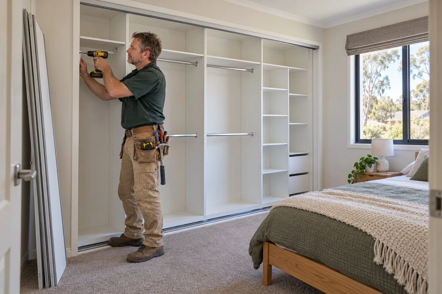 Built-in wardrobes, Canberra: carpenter fixing a shelf inside a new white built-in wardrobe across a bedroom wall