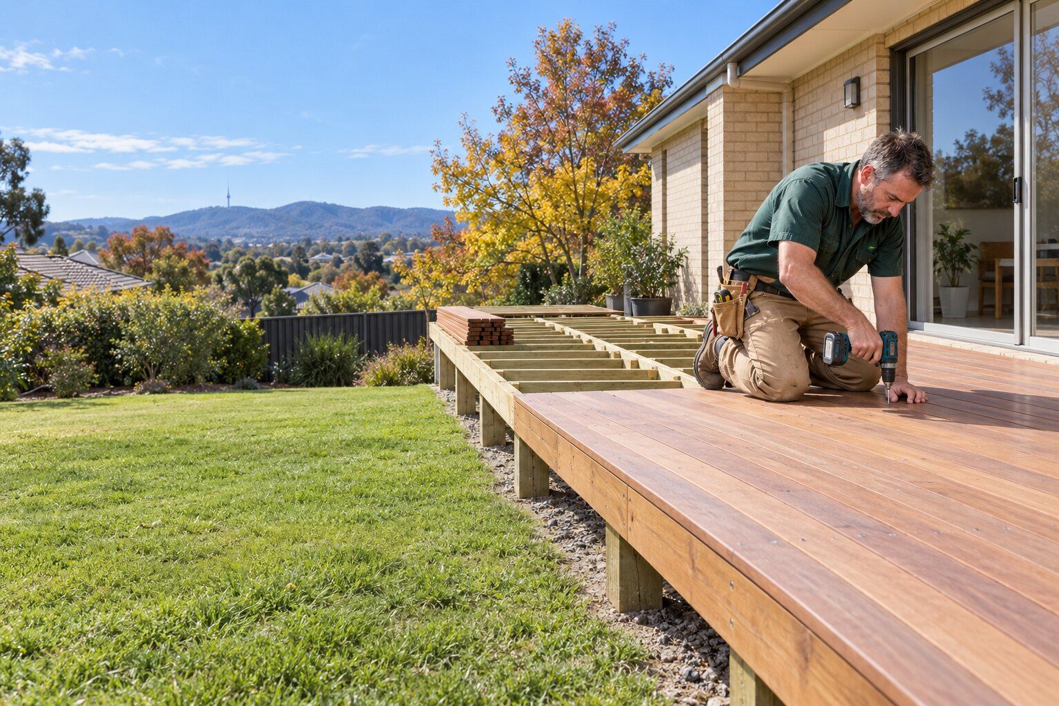 Carpenter Canberra: carpenter screwing down hardwood boards on a new low deck behind a brick house, hills behind