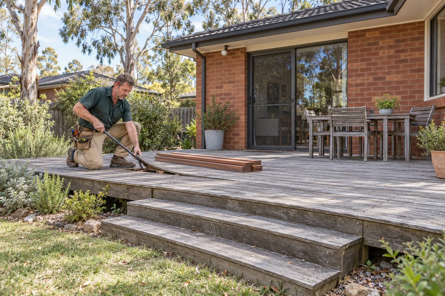 Deck repairs, Canberra: carpenter prising up a split grey decking board on an old deck behind a red brick house