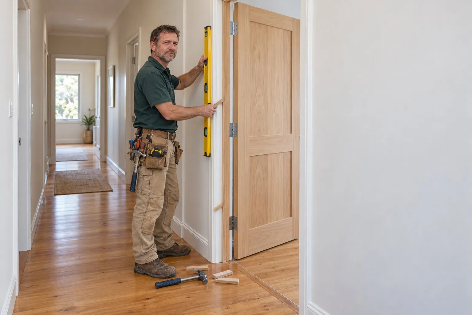 Door installation, Canberra: carpenter checking a new internal door jamb with a spirit level in a hallway
